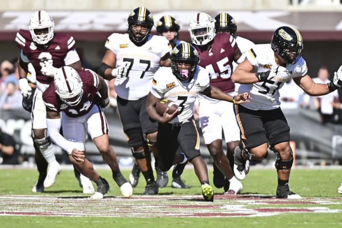 Nov 18, 2023; Starkville, Mississippi, USA; Southern Miss Golden Eagles running back Frank Gore Jr. (3) runs the ball against the Mississippi State Bulldogs during the second quarter at Davis Wade Stadium at Scott Field. Mandatory Credit: Matt Bush-USA TODAY Sports  